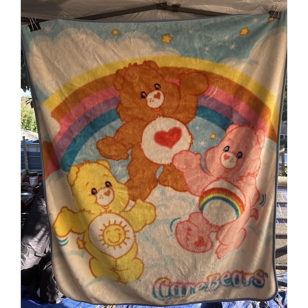 Vintage Care Bears Plush Blanket Cheer Funshine Tender Heart Rainbow 51”x 57”